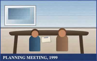A staged 1999-style office planning meeting with two people seated at a table.