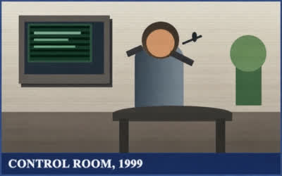 A staged 1999-style control room with a CRT monitor and a headset operator.