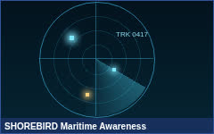 A maritime track picture on an operations-room display, showing vessel tracks in a narrow strait.